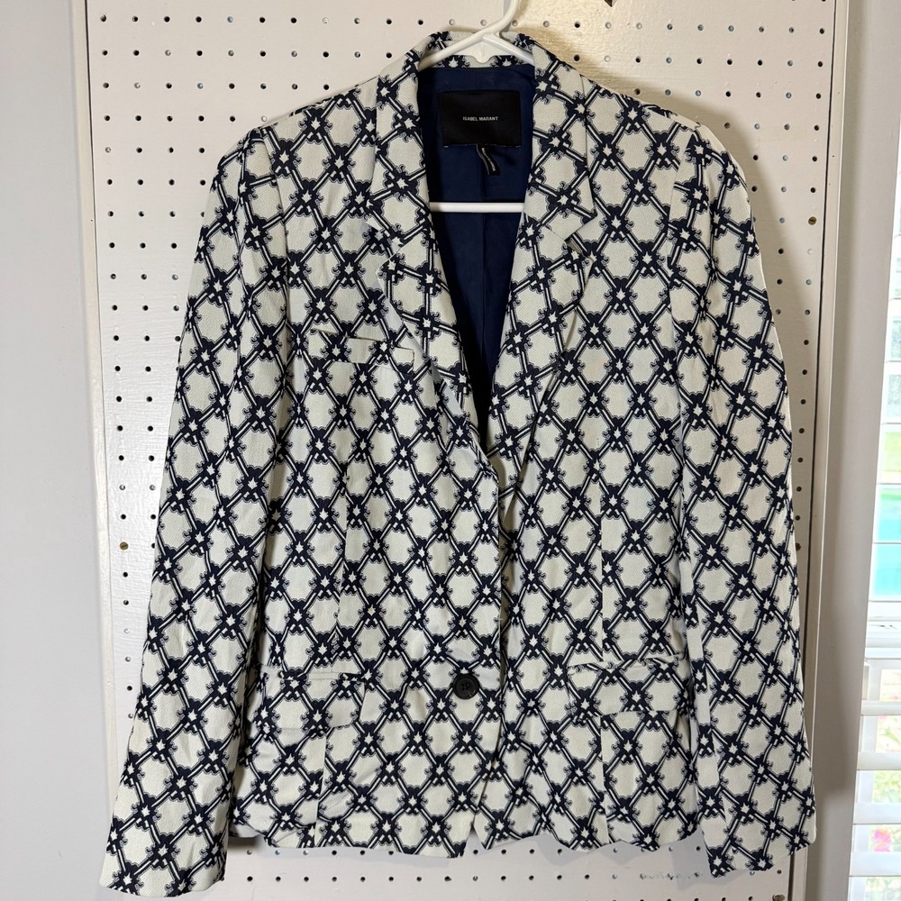Isabel Marant‎ Blazer Women's 38 Navy Cream Trellis Print Notch Lapel Formal